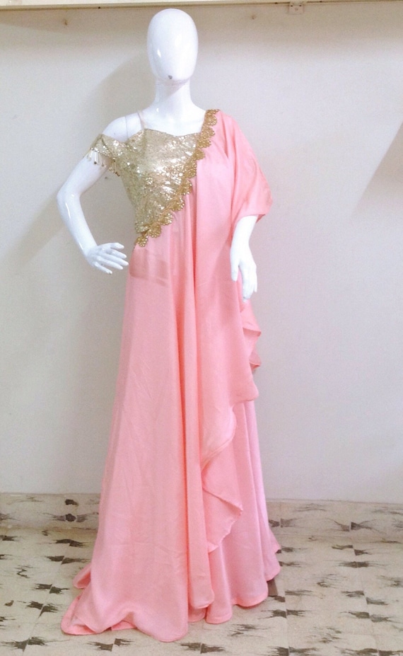 Peach and pink saree gown – Panache Haute Couture