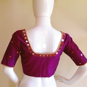 Custom Raw Silk Blouse with Mirror Work - Made to Order Purple Blouse