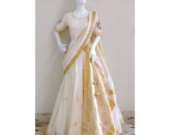 Elfenbein-Creme Floral gestickt Lehenga Choli - Custom Made to Order
