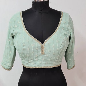 Pastel Green Sequin Blouse | Custom Thread Work Stitched Blouse
