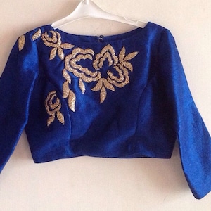 Royal Blue Hand Embroidered Raw Silk Blouse - Custom Made