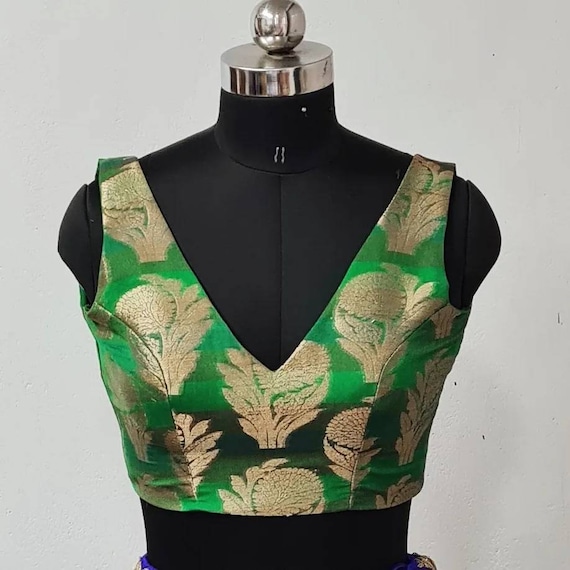 Custom V-Neck Brocade Blouse - Made to Order Green Saree Blouse