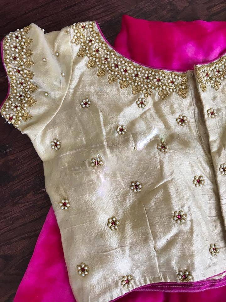 Buy Beige Pure Raw Silk Blouse With Pearl and Kundan Work on Neck