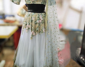 Sequin Floral Lehenga Choli | Custom Size Indian Wedding Dress | Off Shoulder Blouse & Dupatta Set