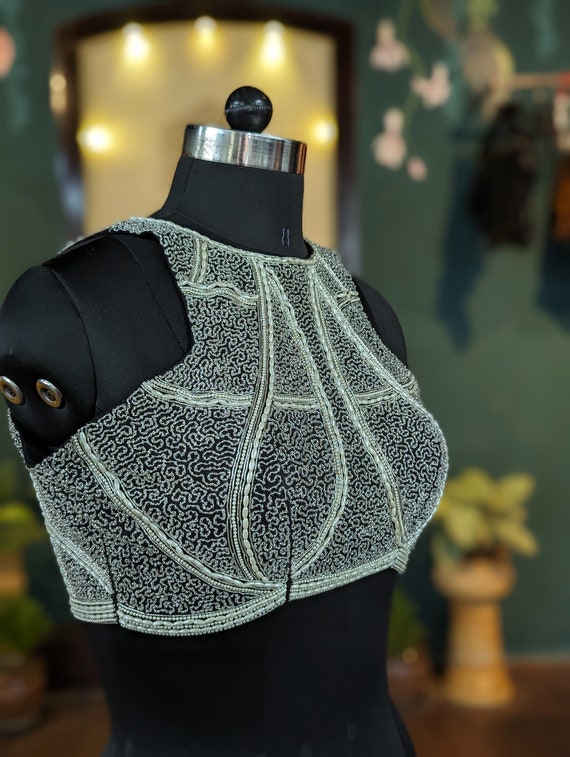 Black Halter Neck Blouse with White Pearl Embroidery