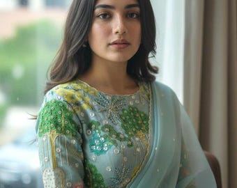 Pichwai Print Tussar Silk Blouse: Hand Embroidered Mirror Work