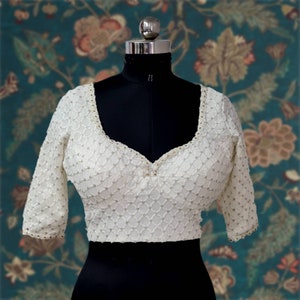 Ivory White Sequin Georgette Blouse - Sabyasachi Cut with Sweetheart Neckline