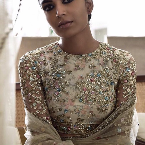 Custom Fit Beige Floral Blouse With Net 