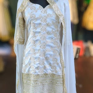Ivory Brocade Kurta Churidar Set: Sequin Georgette Dupatta