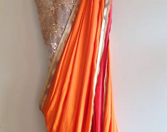 Orange Semi Silk Saree: Bestickte Pailletten-Netzbluse
