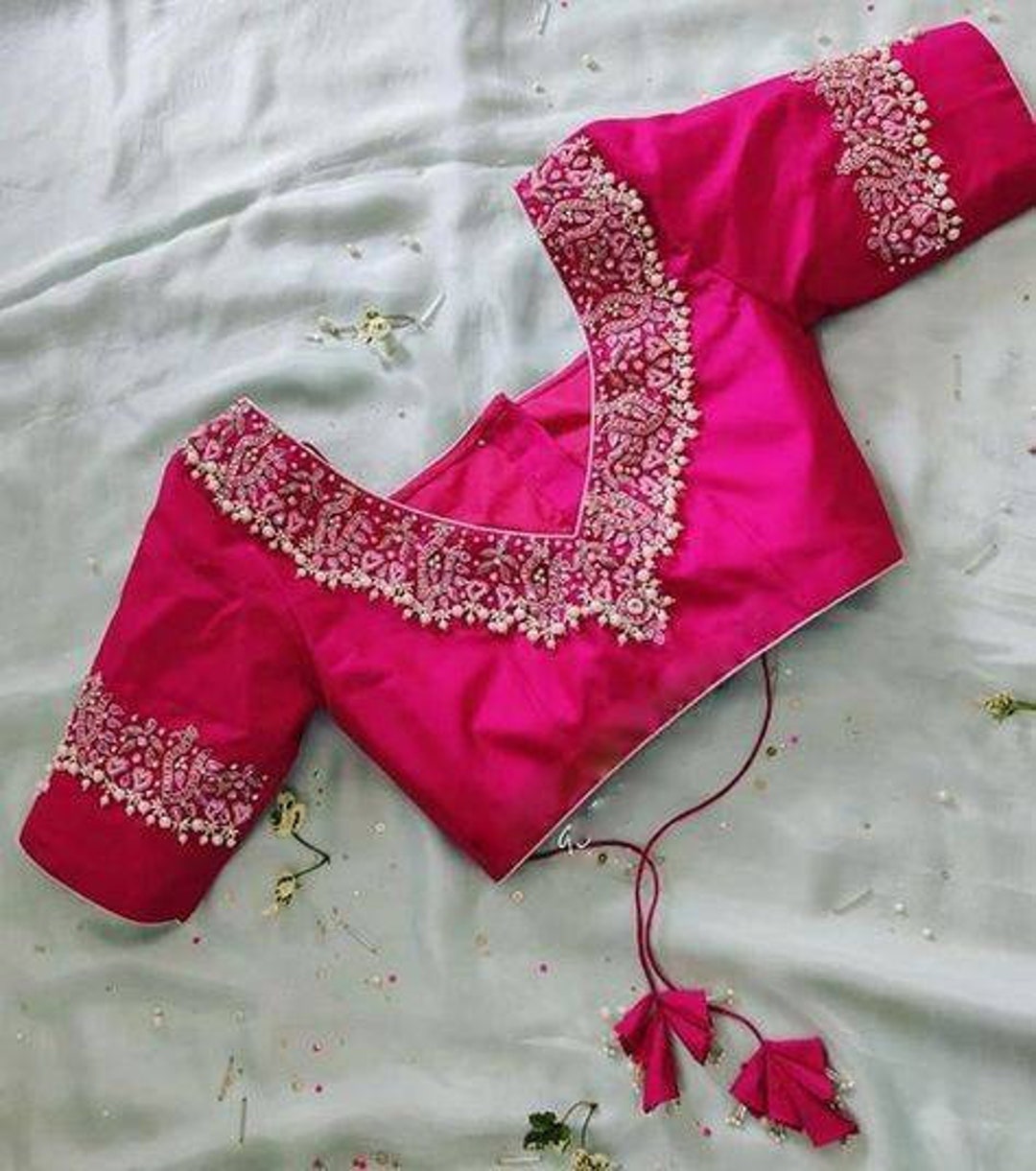 silver blouse with pink work