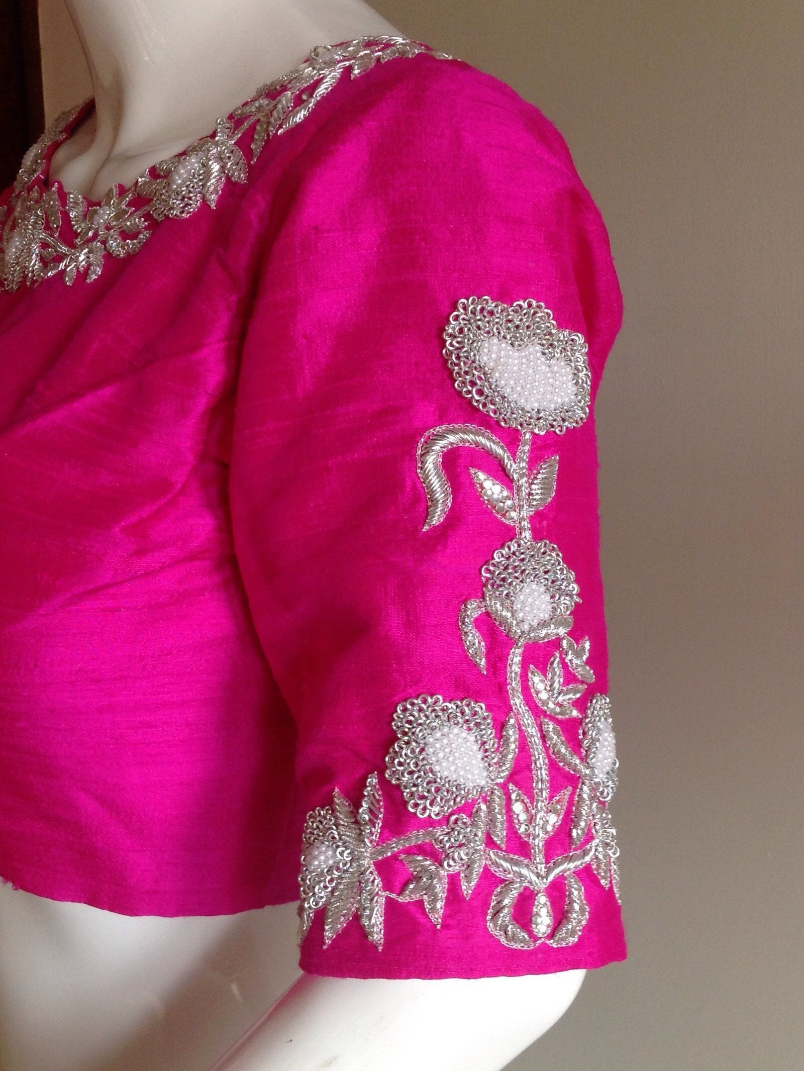 silver blouse with pink work
