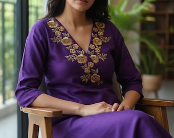 Ensemble kurta en soie violet, vêtements ethniques indiens brodés Zardozi