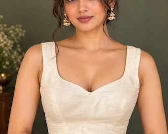 Ivory Sleeveless Saree Blouse | Sweetheart Neck Blouse | Deep U Back with Tassel Tie | Elegant Designer Blouse | Readymade Indian Blouse