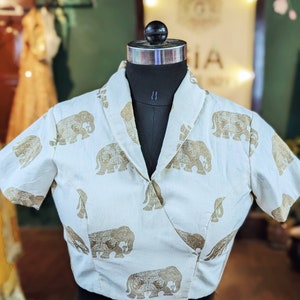 Elephant Print Cotton Wrap Blouse - Collar Neck & Short Sleeves - Custom Fit or Standard Size - Boho Chic Top