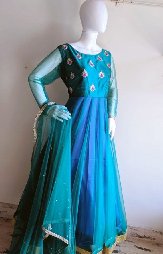 Anarkali Style Peacock Green Embroidery Work Long Gown