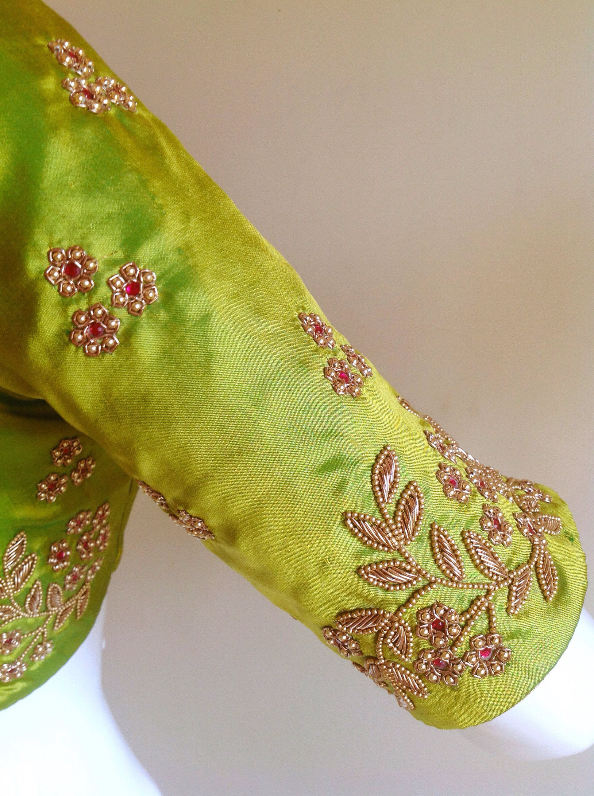 Mehendi Green Pure Silk Blouse With Maggam Work | Custom