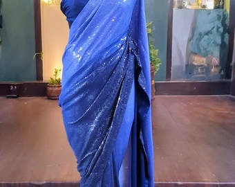 Schattiert Blau Pailletten Saree mit Seidenbluse