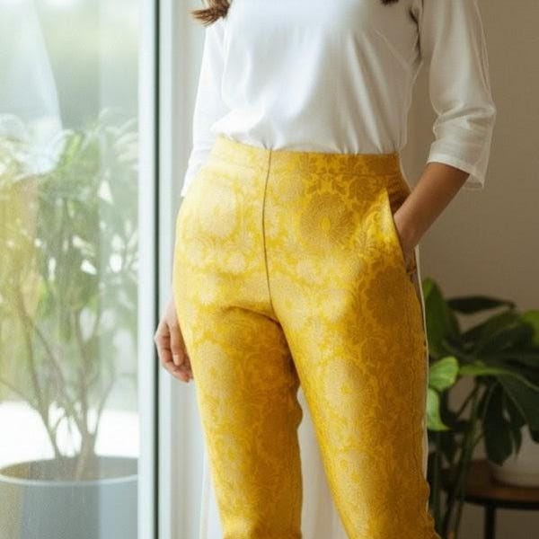 Pantalones ajustados de brocado Banarasi en oro amarillo personalizados: pantalones étnicos indios hechos a medida.