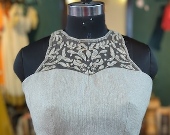 Platinum Gold Silk Bridal Blouse: Hand Embroidered Wedding Top