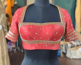 Red hand embroidered modal satin blouse with back cutout