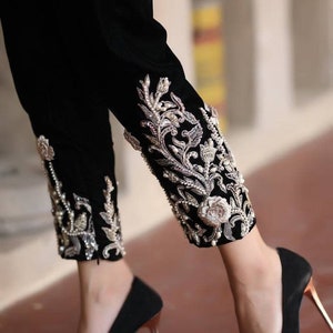 Black velvet cigarette pants with pearl work zardosi and sequin work