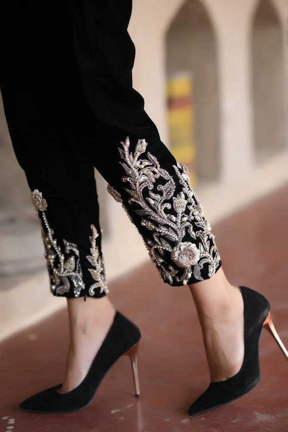 Black cigarette pants with gota embroidery by Akiso | The Secret Label