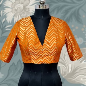 Orange Banarasi Brocade Blouse | Deep V-Neck | Chevron Geometric Design | High Back Neck | Indian Ethnic Wear