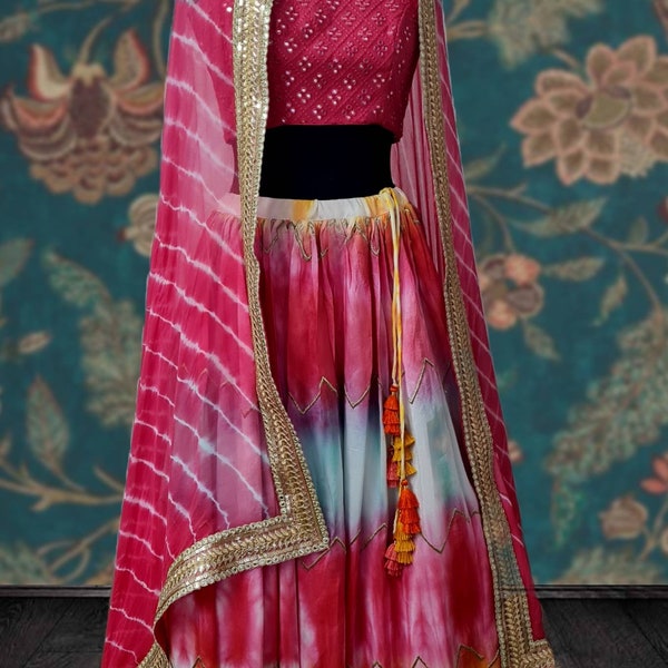 Beautiful multicolor shibori lehenga with mirror work blouse and lehariya dupatta