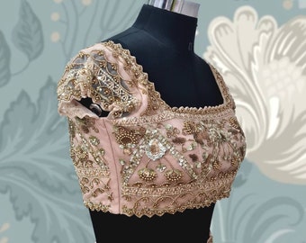 Blush pink net blouse with hand embroidered sequin floral and geometric design