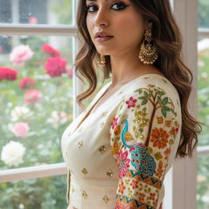 Ivory Silk Peacock Embroidered Wedding Saree Blouse, Multicolor Floral Statement Sleeves