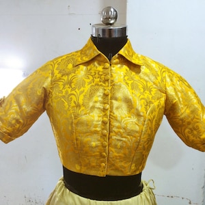 Yellow Brocade Saree Blouse with Shirt Collar