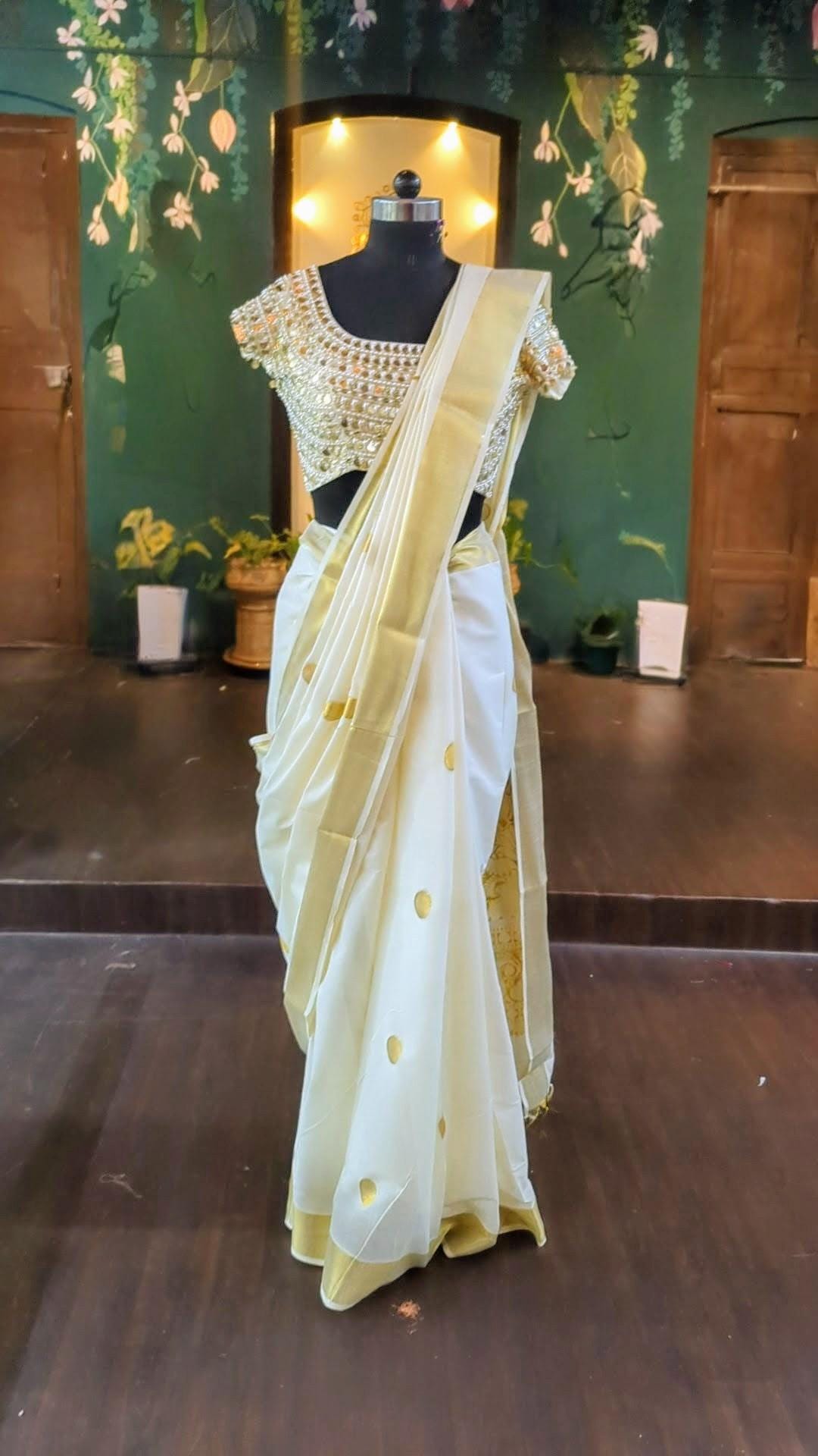 Regal Kerala Kasavu Saree with Coin & Pearl Embellished Blouse | Royal Bridal Handloom Ensemble