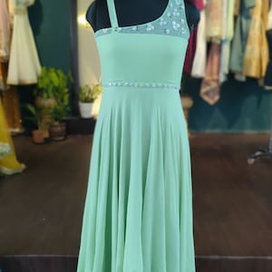 Pista Green Georgette Gown with Hand Embroidery | High-Low Designer Indian Dress | Custom Made Formal Gown