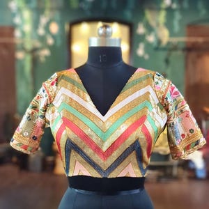 Handmade Sequin Striped Saree Blouse: Indian Bridal Festive Wear