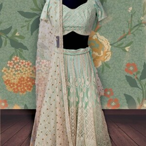 Mint Green & White Sequin Threadwork Lehenga | Matching Sequin Dupatta
