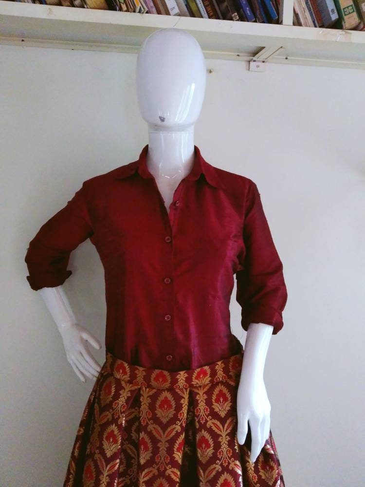 Nude Leg-O-Mutton Sleeves Fully Hand Embellished Overlap Crop Top With  Banarasi Brocade Skirt - wefind