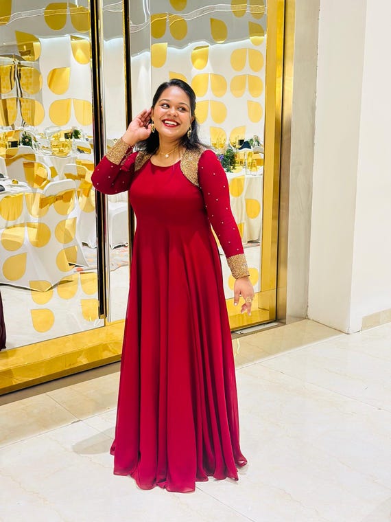 Maroon Hand-Embroidered Georgette Gown Custom Made Customizable