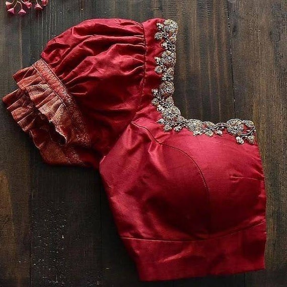 Deep red net blouse with puff sleeves