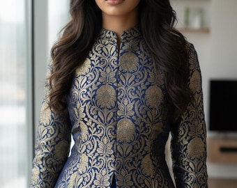 Navy Blue Banarasi brocade and Silk Gown: Brocade Long Jacket Dress