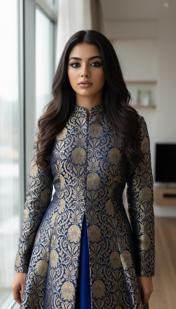 Navy Blue Banarasi Brocade and Silk Gown: Brocade Long Jacket Dress - Etsy