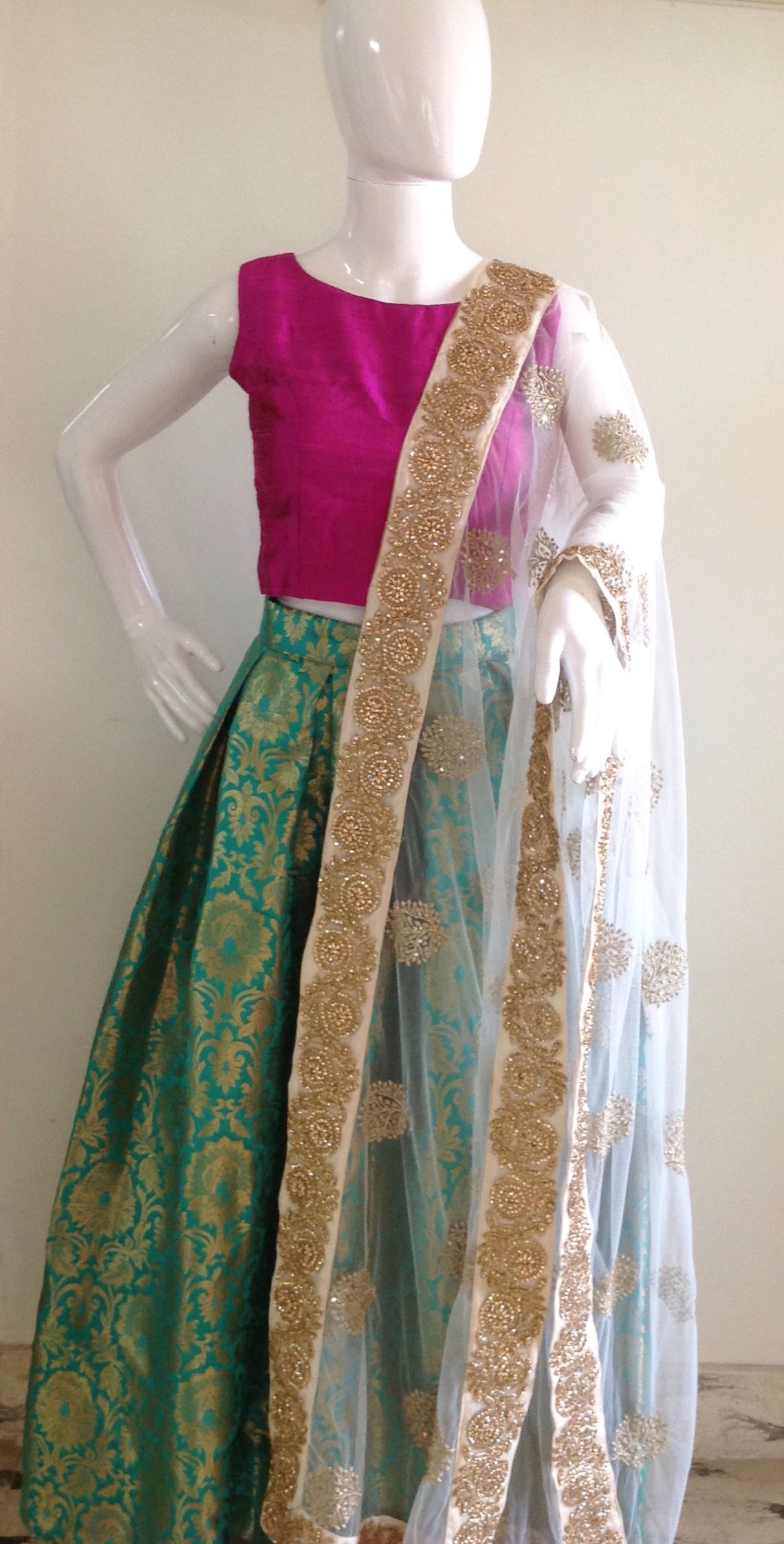 Iceblue Geometric Print Silk Crop Top Skirt Dupatta Set main image 0