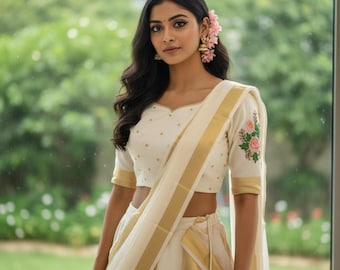 Ivory Cream Kerala Saree Lehenga Choli | Floral Embroidery, Bridal Wear