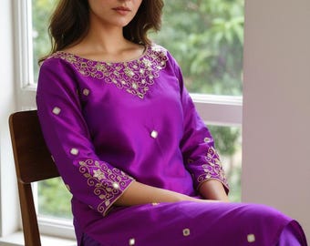 Purple Silk Kurta with Mirror Hand Embroidery & matching pants
