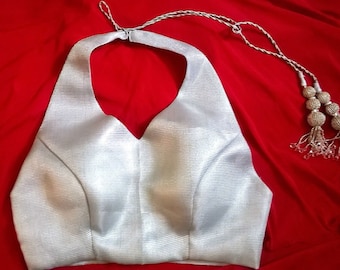 Custom Silver Halter Neck Choli Blouse | Made-to-Measure Back Tie Crop Top