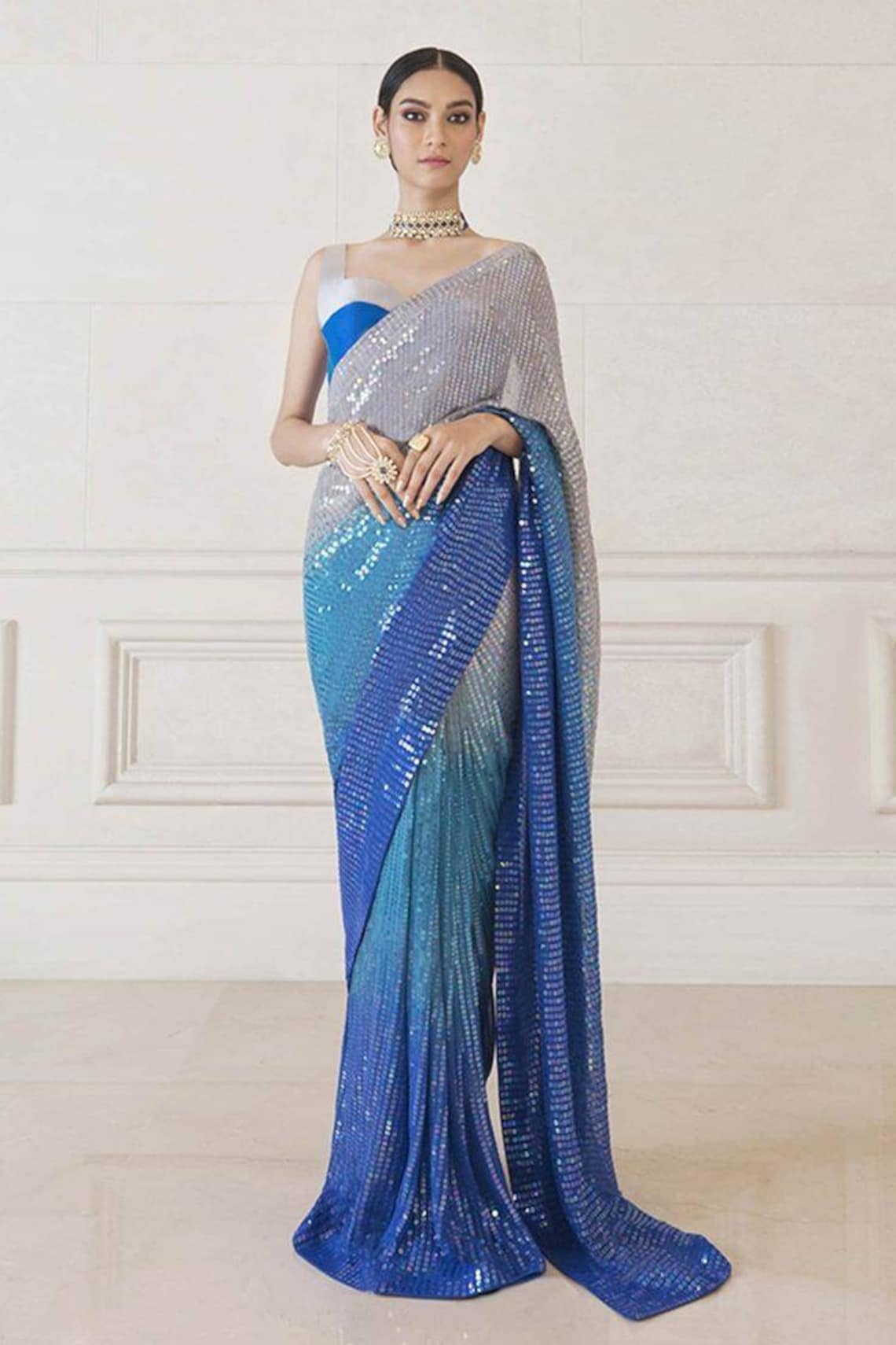 Blue ombré dyed sequin saree with silk blouse Etsy