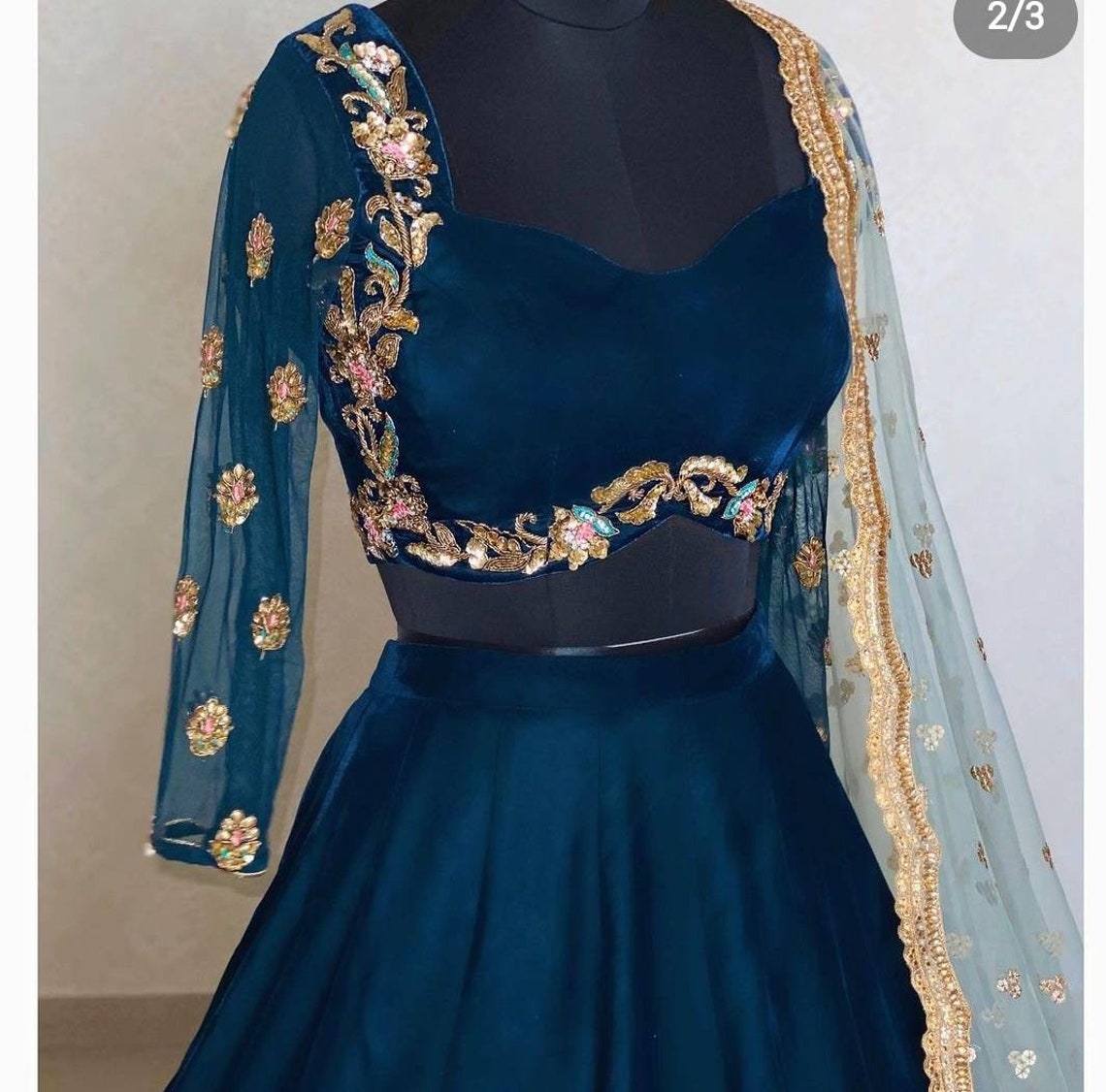 Teal Blue Sparkle Crop Top Lehenga