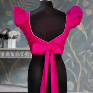 Hot Pink Silk Flutter Sleeve Blouse with Beaded Neck & Back Bow