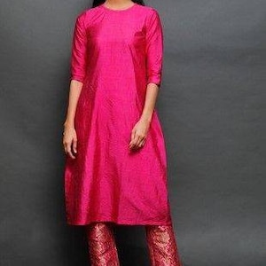 Hot pink banarasi brocade pants and matching raw silk kurta