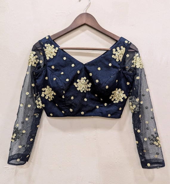 Navy Blue Sequin Blouse • V-neck Embroidery • Sheer Sleeves • Custom Made  to Measure • Indian Readymade Saree Blouse - Etsy